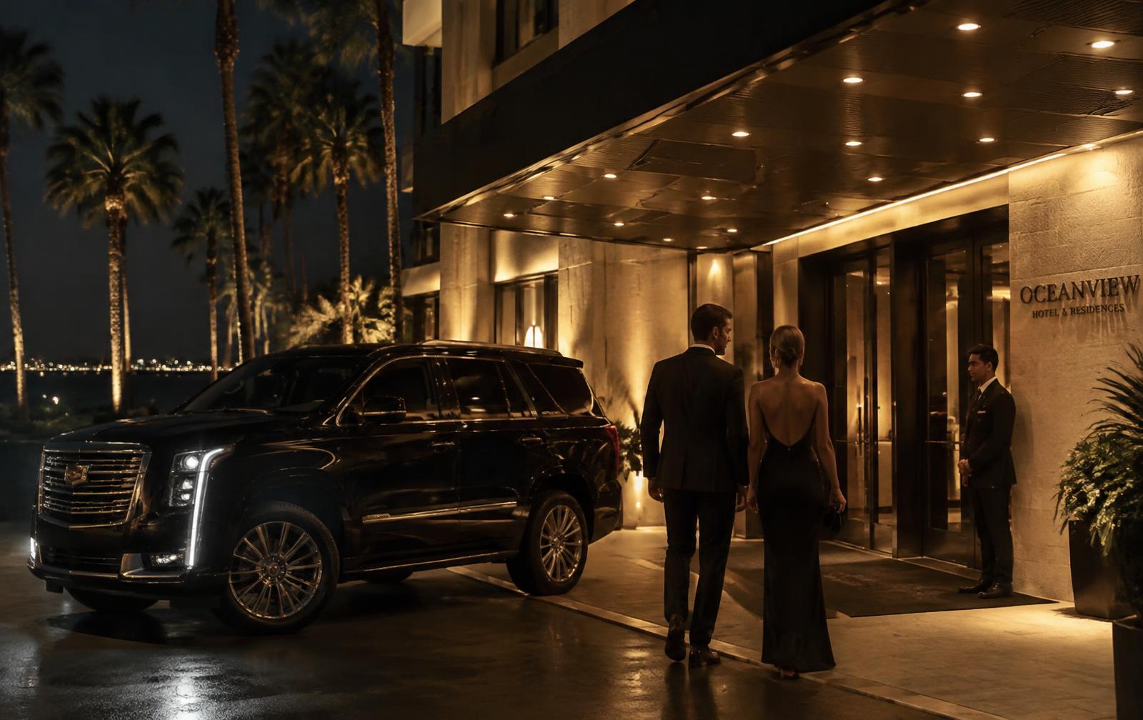 Well-dressed couple arriving at an oceanfront Miami hotel by black SUV