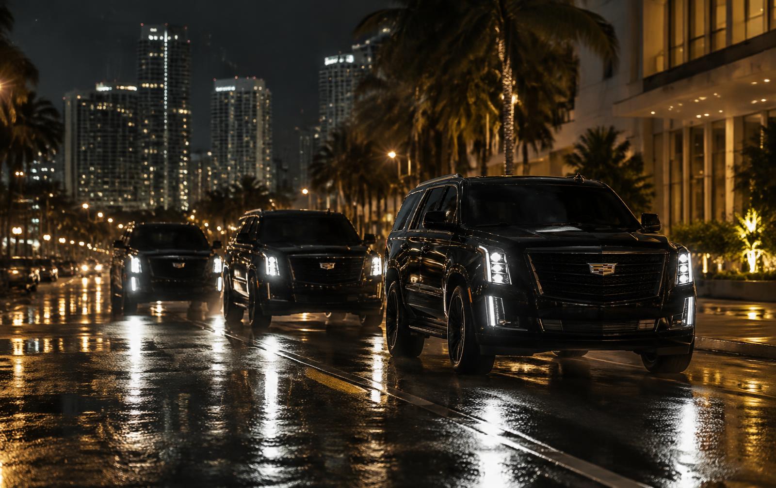 Black luxury SUVs traveling through Miami at night