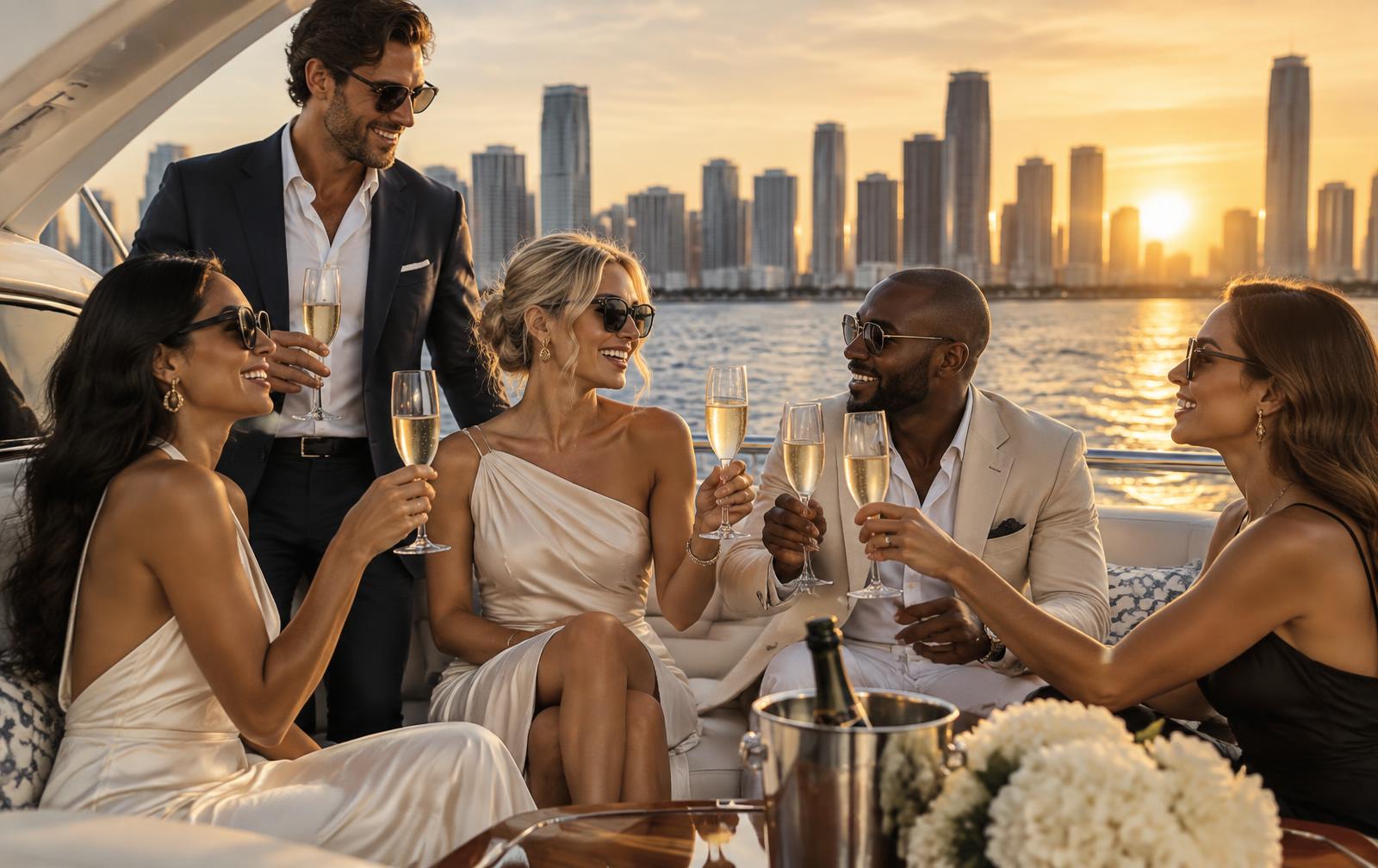 Sophisticated guests celebrating aboard a yacht with the Miami skyline behind them